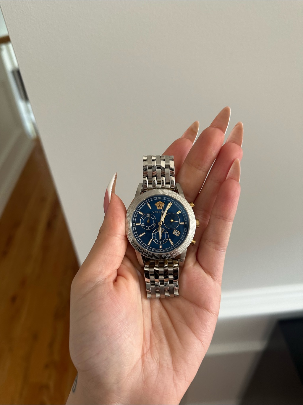 Versace Silver Bracelet Watch With Blue Dial And Gold Accents